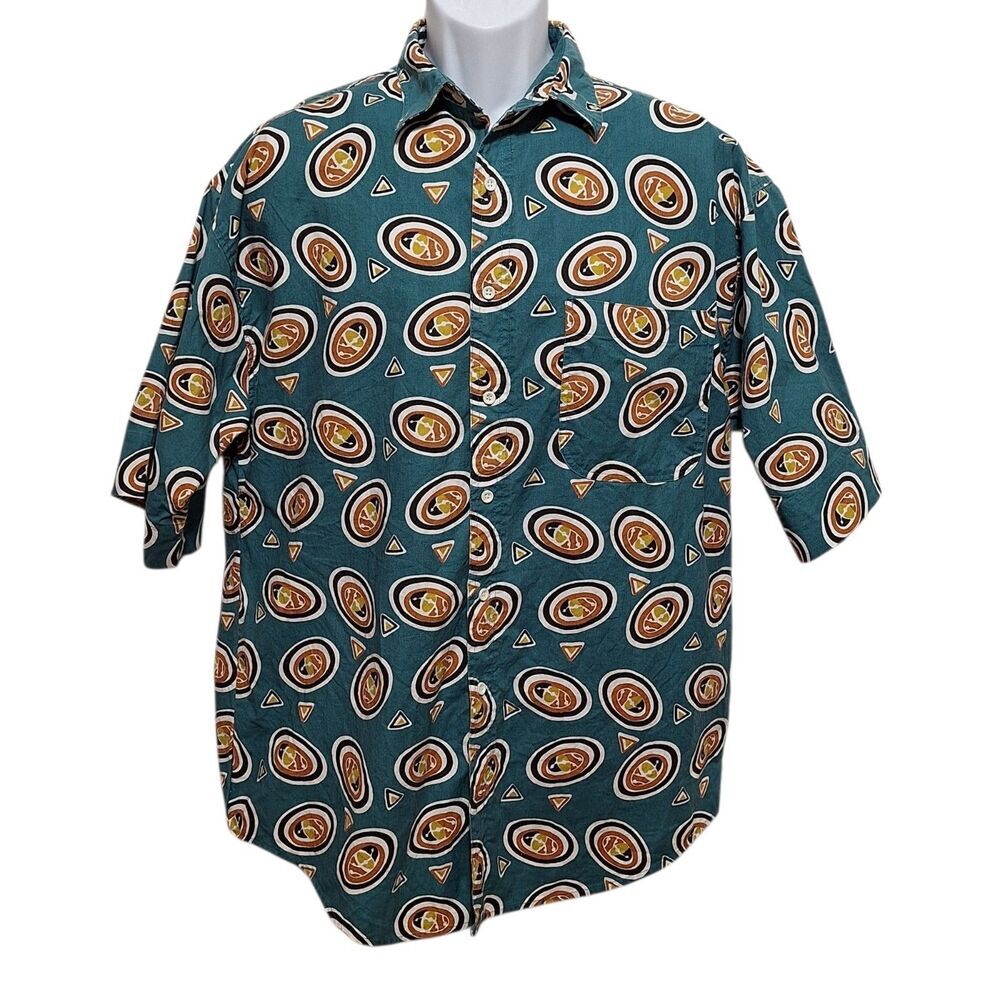 Impact Mens Button Front Oxford Shirt Size M Green Geometric Pocket Funky Cotton